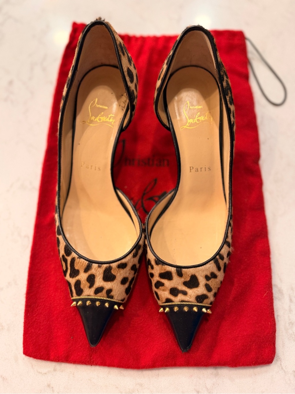 Christian Louboutin Leopard Print Pointed Toe Pumps with Black Caps - Picture 3 of 8
